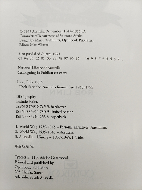 Their Sacrifice: Australia Remembers, 1945-1995, Rob Linn, Cloth 1995 1st Ed by Rob Linn