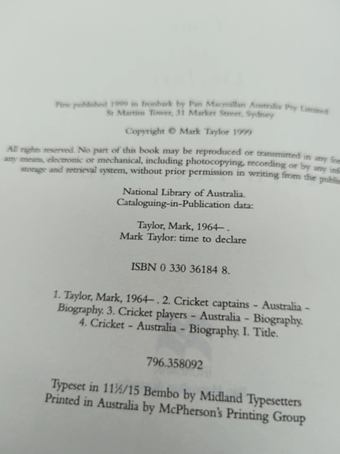 Mark Taylor: Time to declare (Hardcover, 1999) 1st Edition Australian Cricket by Mark Taylor, Ian Heads