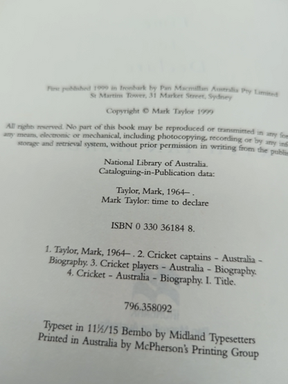 Mark Taylor: Time to declare (Hardcover, 1999) 1st Edition Australian Cricket by Mark Taylor, Ian Heads