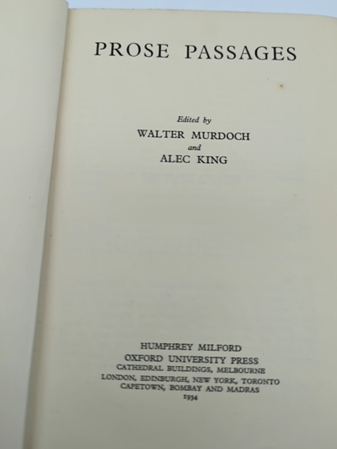 Prose Passages by Walter Murdoch (Cloth, 1934) 1st Edition, Australian Poetry by Walter Murdoch