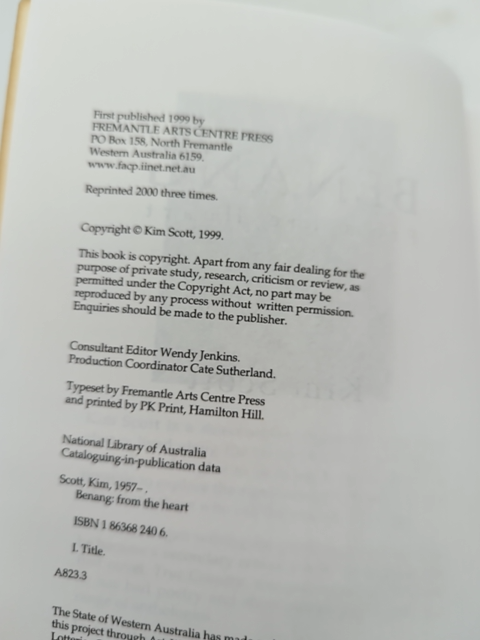 Benang: From The Heart by Kim Scott (Paperback, 1999) Australian History by Kim Scott