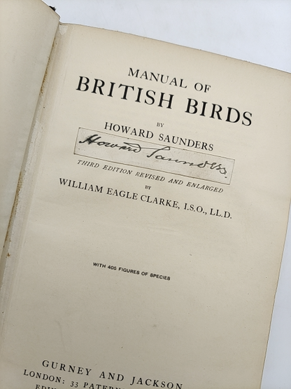 Manual of British Birds by Howard Saunders, 1927 Signed, Important Copy by Howard Saunders
