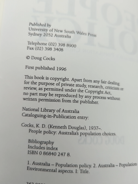 People Policy: Australia's Population Choices by Doug Cocks, Australian History by Doug Cocks