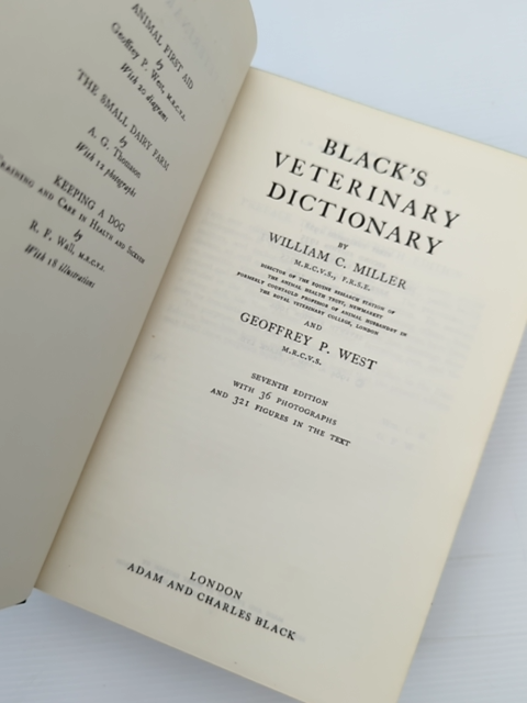 Black's Veterinary Dictionary 1964, Vintage 7th Edition by William C Miller And Geoffrey P West