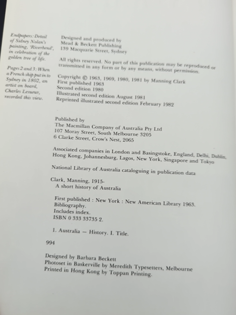 Short History Of Australia by Charles Manning Hope Clark, Australian History by Charles Manning Hope Clark