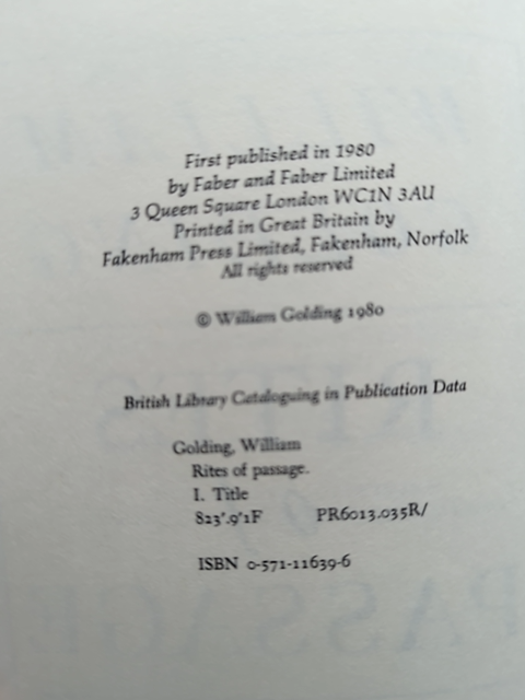 Rites of Passage, William Golding (Hardcover, 1980) 1st Ed, Edmund Talbot Voyage by William Golding