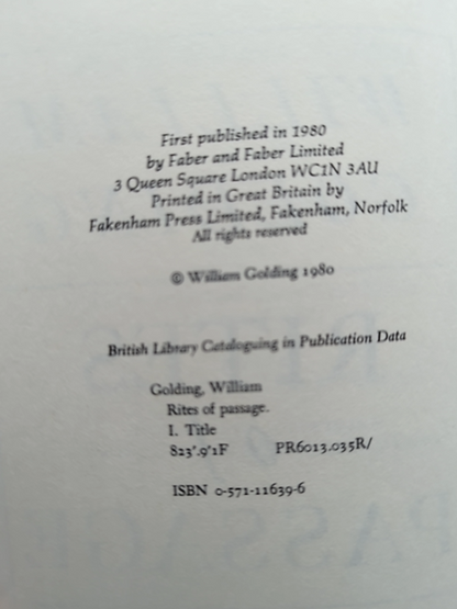 Rites of Passage, William Golding (Hardcover, 1980) 1st Ed, Edmund Talbot Voyage by William Golding