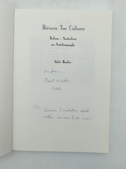 Between Two Cultures: Italian-Australian Memoir by Adele Bentley, WA, SIGNED by Adele Bentley
