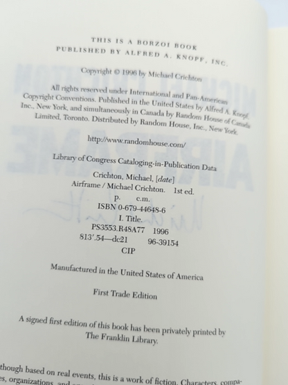 Airframe by Michael Crichton (Hardcover, 1996) 1st Edition Signed by Michael Crichton