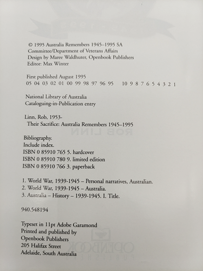 Their Sacrifice: Australia Remembers, 1945-1995, Rob Linn, Cloth 1995 1st Ed by Rob Linn